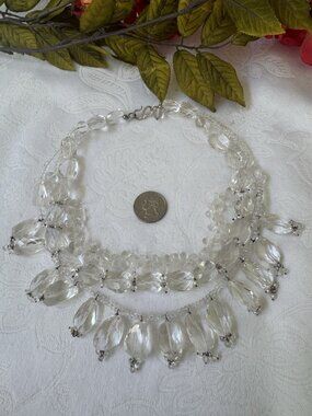 Vintage Art Deco Clear Glass Briolette Fringe Bib Necklace Sterling Silver Clasp
